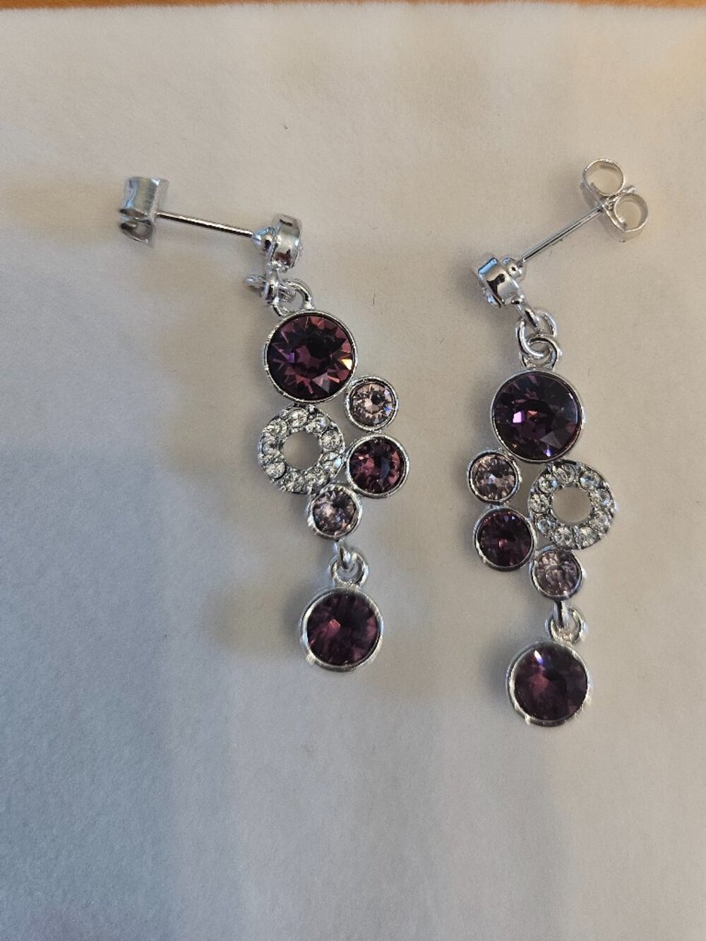 Amethyst silver circular design drop earrings